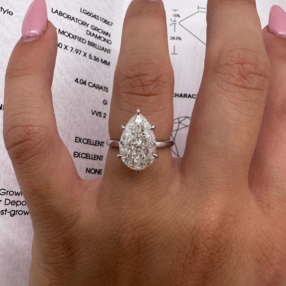 4.04 carat G VVS2 pear lab diamond engagement ring solitaire